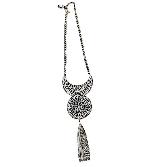 Filigree Crescent Moon and Circle Silver Tassel Necklace Boho Statement - Picture 1 of 5